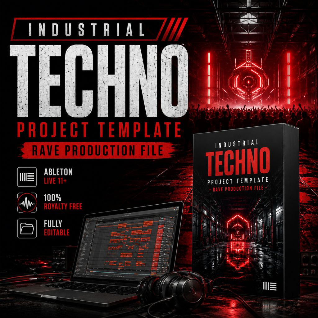 Promotional graphic for an industrial techno project template, showing a large title, a laptop with audio software, headphones, and a boxed template package on a dark red and black background. Text highlights Ableton Live 13 compatibility, 100% royalty free, and fully editable.