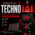 Promotional graphic for an industrial techno project template, showing a large title, a laptop with audio software, headphones, and a boxed template package on a dark red and black background. Text highlights Ableton Live 13 compatibility, 100% royalty free, and fully editable.