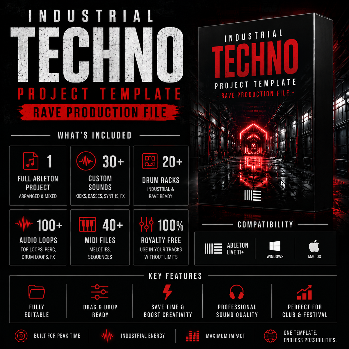 Promotional graphic for an industrial techno project template with a dark red and black album-cover-style box on the right, large distressed text reading 'INDUSTRIAL TECHNO PROJECT TEMPLATE' on the left, and feature callouts about included audio loops, sounds, drum racks, editing, and compatibility with Ableton, Windows, and macOS.