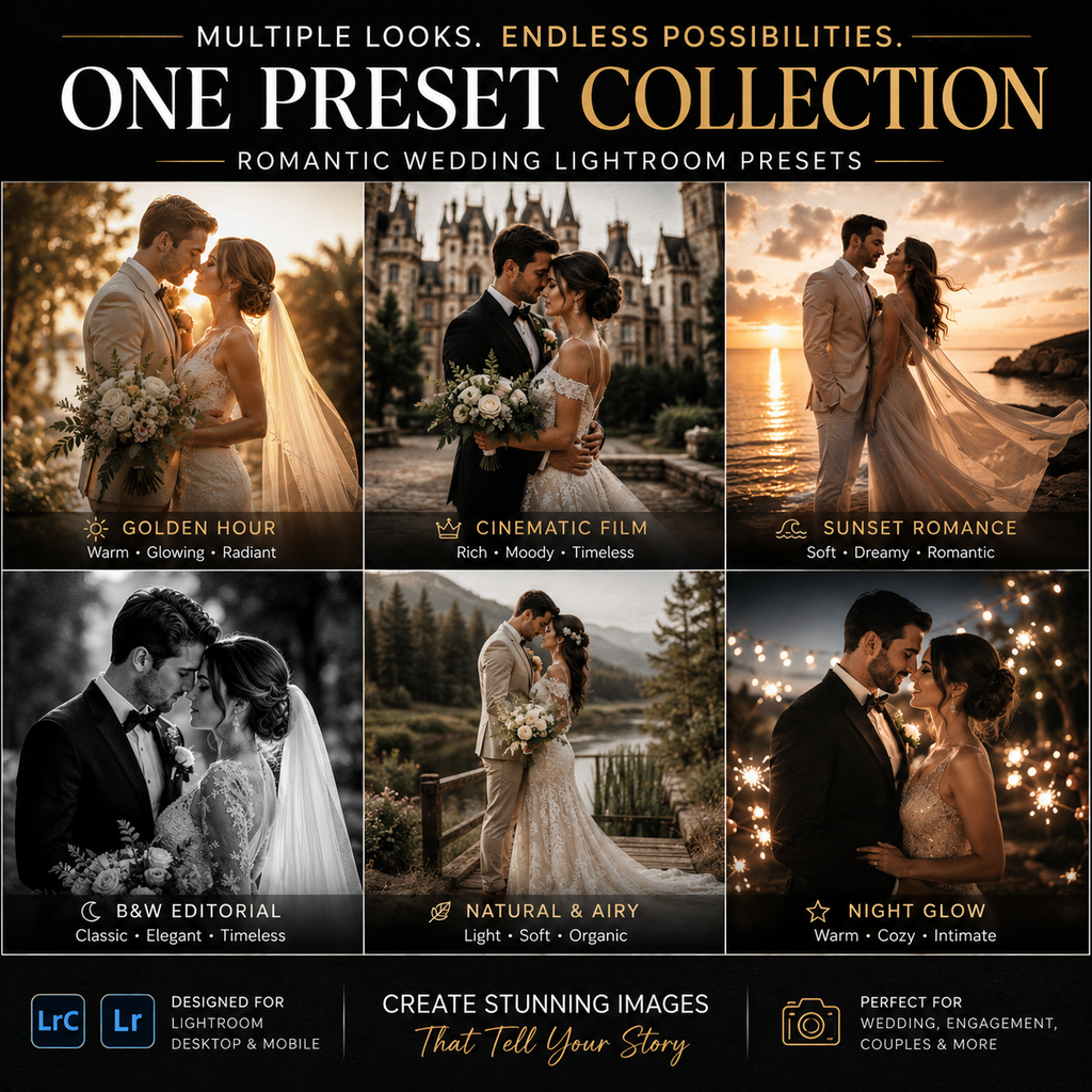 Promotional graphic for a digital preset collection called 'One Preset Collection' for Lightroom. The image features a 2x3 grid of six romantic wedding photograph examples, each with a different color grading preset style: Golden Hour, Cinematic Film, Sunset Romance, B&W Editorial, Natural & Airy, and Night Glow.