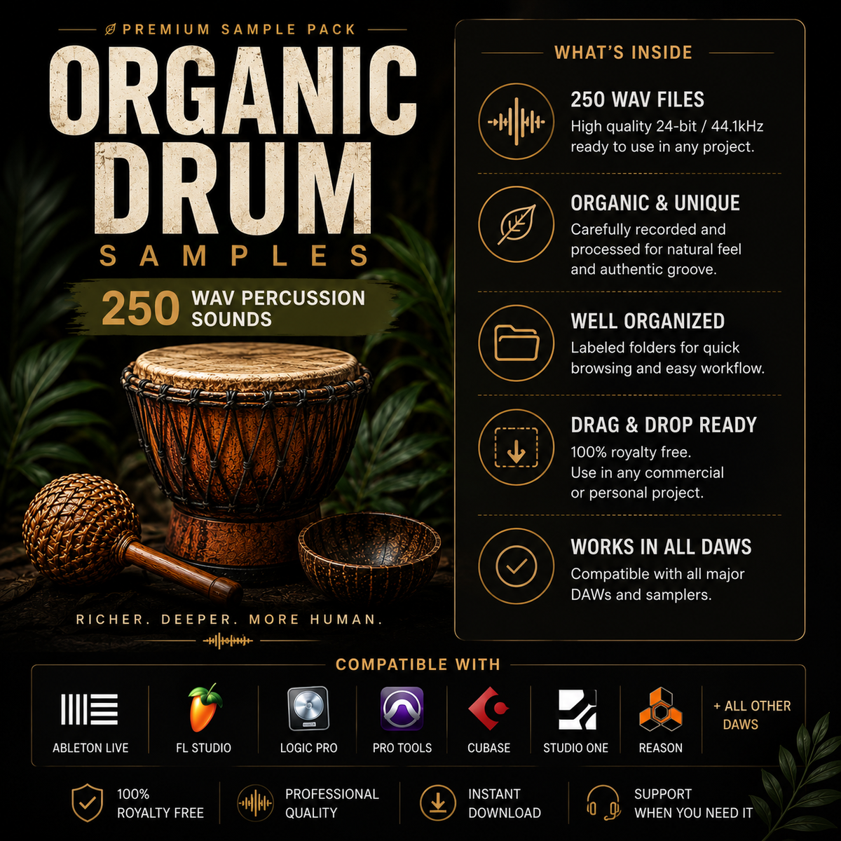 Promotional graphic for an organic drum samples pack, featuring a large brown drum and mallet on the left, with text listing 250 WAV files, organic & unique recording, well-organized folders, drag-and-drop readiness, and compatibility with Ableton Live, FL Studio, Logic Pro, Pro Tools, Cubase, Studio One, Reason, and all other DAWs.