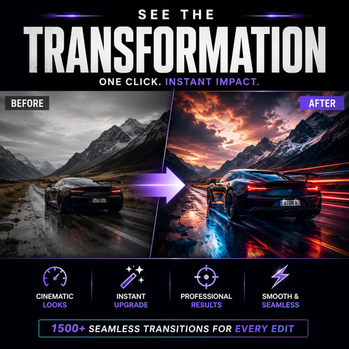 Promotional graphic for a photo editing or video transition product, showing a before-and-after mountain road scene with a sports car. Large text reads 'SEE THE TRANSFORMATION' and 'ONE CLICK.