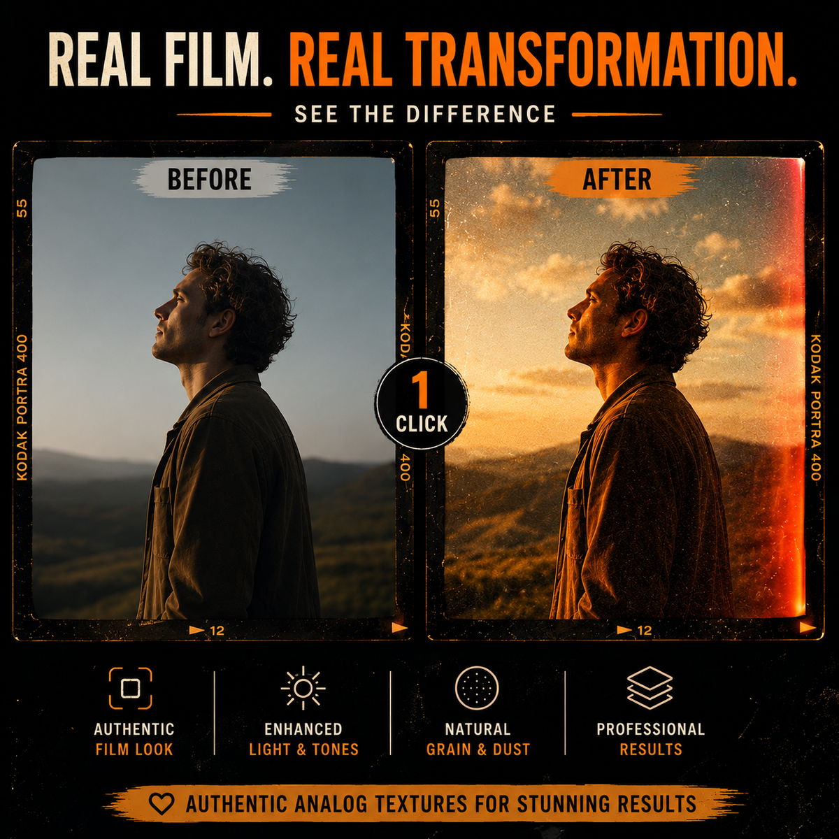 Promotional graphic for a photo editing or film effect product, showing a side-by-side 'Before' and 'After' comparison of a man's portrait in landscape scenery. The 'After' side demonstrates enhanced warm tones, grain, and contrast.